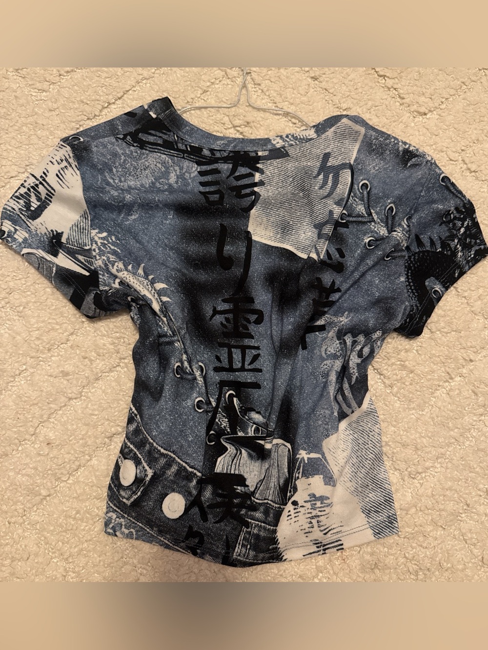 Bershka, Rare, Never worn, Graphic Denim and Faux Lace-up Short Sleeve Top